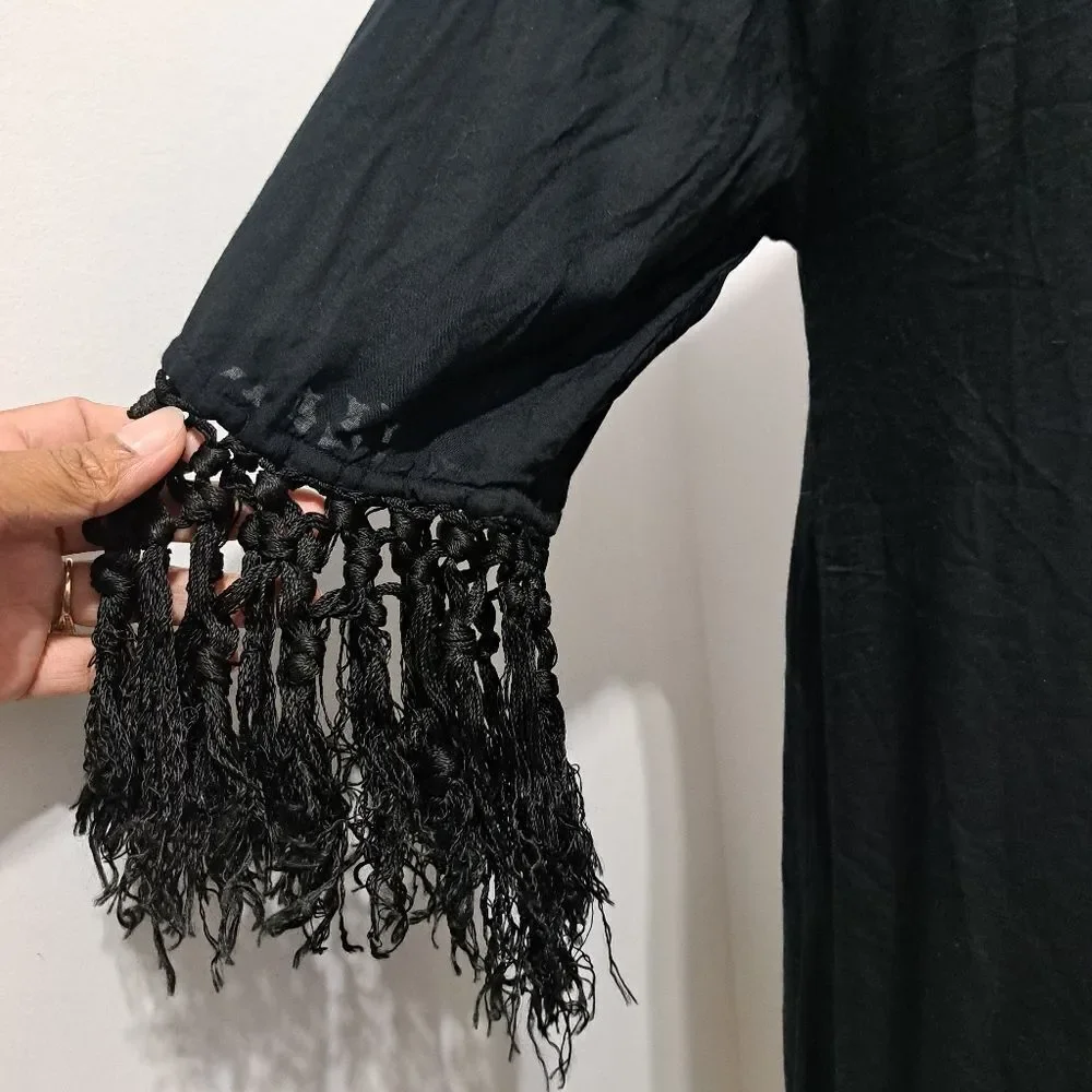 Tigerlily Embroidered Button Down Fringe Cardigan Cruise Dress Small Black